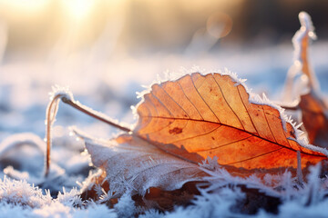 Frosty macro stock photography autumn leaves on a winter morning snow ground. Generative AI