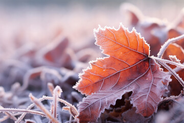 Frosty macro stock photography autumn leaves on a winter morning snow ground. Generative AI
