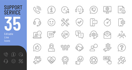 Support Service Line Editable Icons set. Vector illustration in thin line modern style of customer service icons: feedback, technical support, assistant, information, and more. Isolated on white. - obrazy, fototapety, plakaty