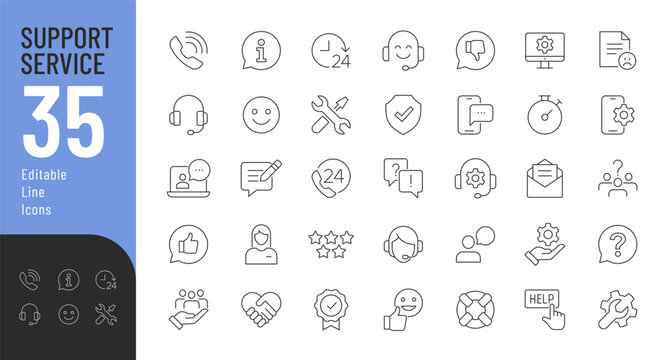 Support Service Line Editable Icons set. Vector illustration in thin line modern style of customer service icons: feedback, technical support, assistant, information, and more. Isolated on white.