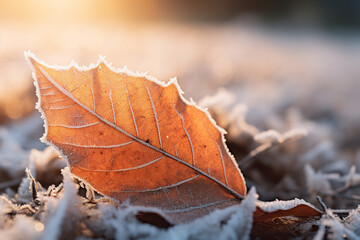 Frosty macro stock photography autumn leaves on a winter morning snow ground. Generative AI