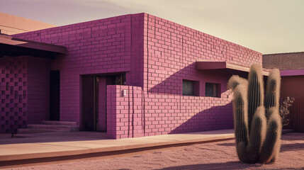 a home with a purple building and brick wall