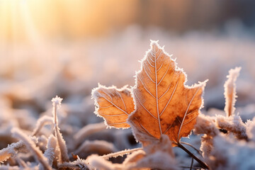 Frosty macro stock photography autumn leaves on a winter morning snow ground. Generative AI