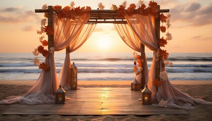 beach wedding stage at sunset, with a bamboo structure