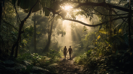 couple walking in the forest the sun through the treetops