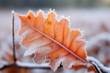 Frosty macro stock photography autumn leaves on a winter morning snow ground. Generative AI