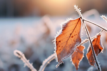 Frosty macro stock photography autumn leaves on a winter morning snow ground. Generative AI