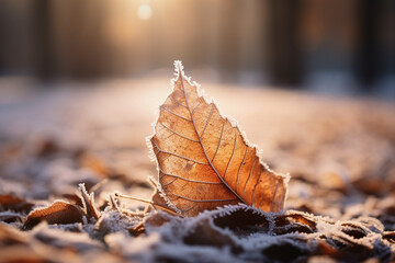 Frosty macro stock photography autumn leaves on a winter morning snow ground. Generative AI