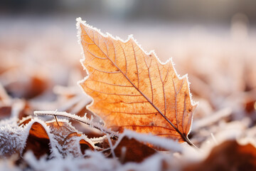 Frosty macro stock photography autumn leaves on a winter morning snow ground. Generative AI
