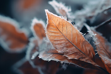 Frosty macro stock photography autumn leaves on a winter morning snow ground. Generative AI