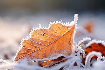 Frosty macro stock photography autumn leaves on a winter morning snow ground. Generative AI