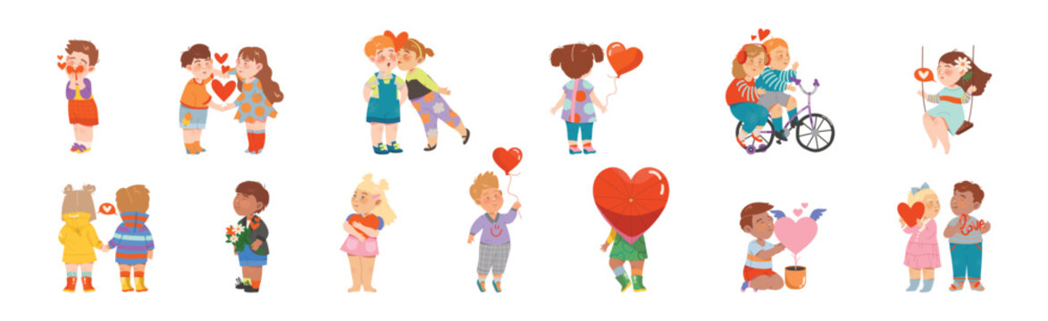 Little Kids in Love with Heart Feeling Affection Vector Set