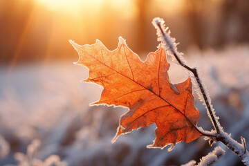 Frosty macro stock photography autumn leaves on a winter morning snow ground. Generative AI