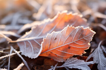 Frosty macro stock photography autumn leaves on a winter morning snow ground. Generative AI