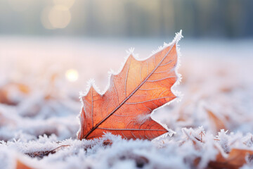 Frosty macro stock photography autumn leaves on a winter morning snow ground. Generative AI