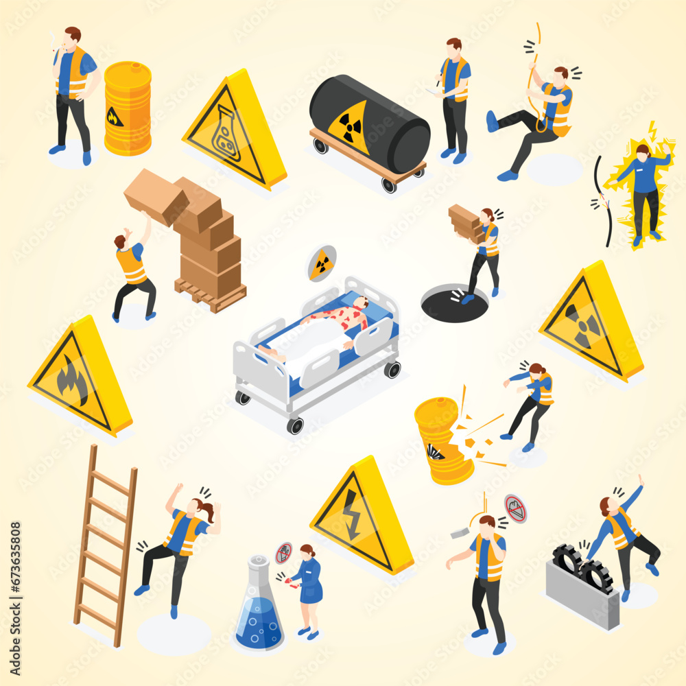 Wall mural safety precaution workplace isometric icons set isolated vector illustration