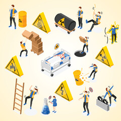 safety precaution workplace isometric icons set isolated vector illustration - obrazy, fototapety, plakaty