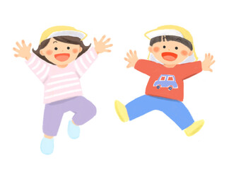 ジャンプする笑顔の子どものイラスト（帽子あり）
