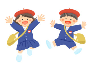 ジャンプする笑顔の制服を着た子どものイラスト（帽子あり）
