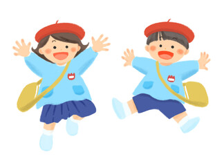 ジャンプする笑顔のスモックを着た子どものイラスト（帽子あり）
