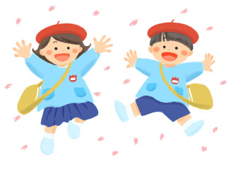 ジャンプする笑顔のスモックを着た子どものイラスト（帽子あり）
