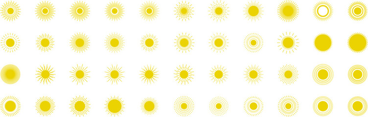 Sun icon set. Yellow sun star icons or logo collection. Summer, sunlight, sunset, sunburst. Vector illustration.