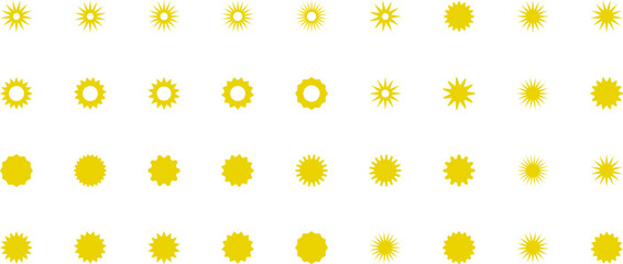 Sun icon set. Yellow sun star icons or logo collection. Summer, sunlight, sunset, sunburst. Vector illustration.