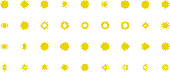 Sun icon set. Yellow sun star icons or logo collection. Summer, sunlight, sunset, sunburst. Vector illustration.