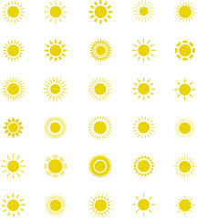 Sun icon set. Yellow sun star icons or logo collection. Summer, sunlight, sunset, sunburst. Vector illustration.