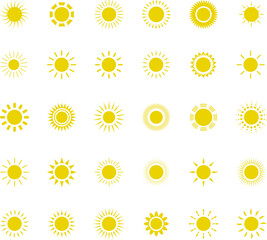 Sun icon set. Yellow sun star icons or logo collection. Summer, sunlight, sunset, sunburst. Vector illustration.