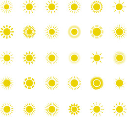 Sun icon set. Yellow sun star icons or logo collection. Summer, sunlight, sunset, sunburst. Vector illustration.