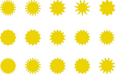Sun icon set. Yellow sun star icons or logo collection. Summer, sunlight, sunset, sunburst. Vector illustration.