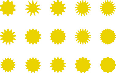 Sun icon set. Yellow sun star icons or logo collection. Summer, sunlight, sunset, sunburst. Vector illustration.