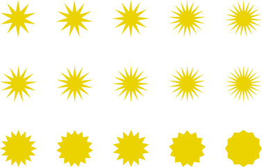 Sun icon set. Yellow sun star icons or logo collection. Summer, sunlight, sunset, sunburst. Vector illustration.