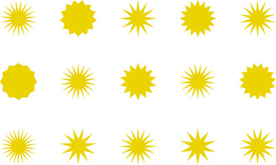 Sun icon set. Yellow sun star icons or logo collection. Summer, sunlight, sunset, sunburst. Vector illustration.