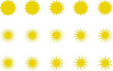 Sun icon set. Yellow sun star icons or logo collection. Summer, sunlight, sunset, sunburst. Vector illustration.