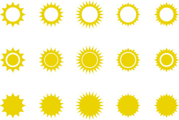 Sun icon set. Yellow sun star icons or logo collection. Summer, sunlight, sunset, sunburst. Vector illustration.
