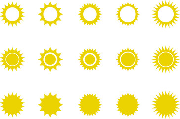 Sun icon set. Yellow sun star icons or logo collection. Summer, sunlight, sunset, sunburst. Vector illustration.