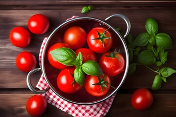 Tomatoes With Basil in Colander on Wooden Table Background. Food Composition. Top View.