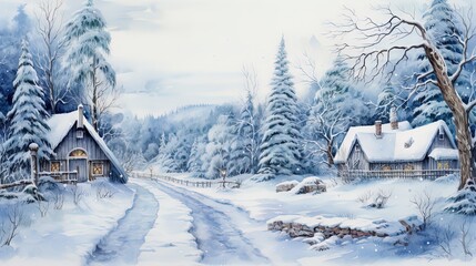 Minimalistic winter panoramic landscape with Copy space, illustration watercolor style.