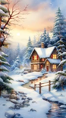 Foto op Plexiglas Minimalistic winter panoramic landscape with Copy space, illustration watercolor style. © Irina