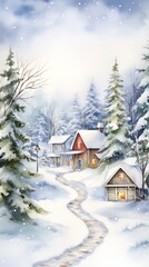 Minimalistic winter panoramic landscape with Copy space, illustration watercolor style.