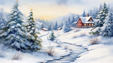 Minimalistic winter panoramic landscape with Copy space, illustration watercolor style.