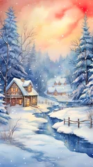 Fototapeten Minimalistic winter panoramic landscape with Copy space, illustration watercolor style. © Irina