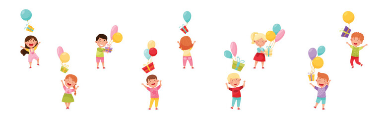 Happy Kid Characters Catching Gift Box with Balloon Vector Set