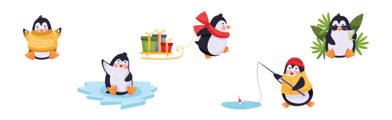 Cute Penguin Character Engaged in Different Activity Vector Set