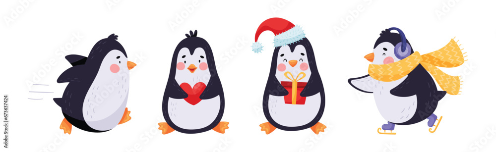 Poster cute penguin character engaged in different activity vector set