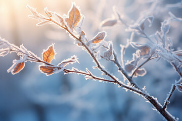 Branches of a shrub with yellow leaves covered frozen macro photography winter concept. Generative AI