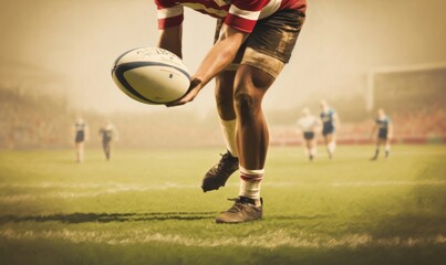 rugby player preparing to kick the oval ball during game, Generative AI - obrazy, fototapety, plakaty