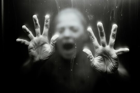 Scary picture of hands behind glass, Generative AI